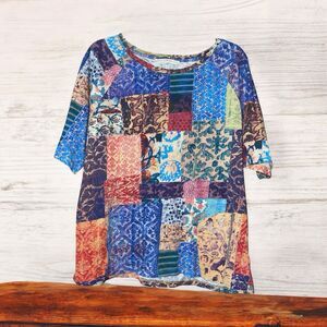 Peruvian Connection M/L Colorful Patchwork Cotton Tee Short Short Sleeves